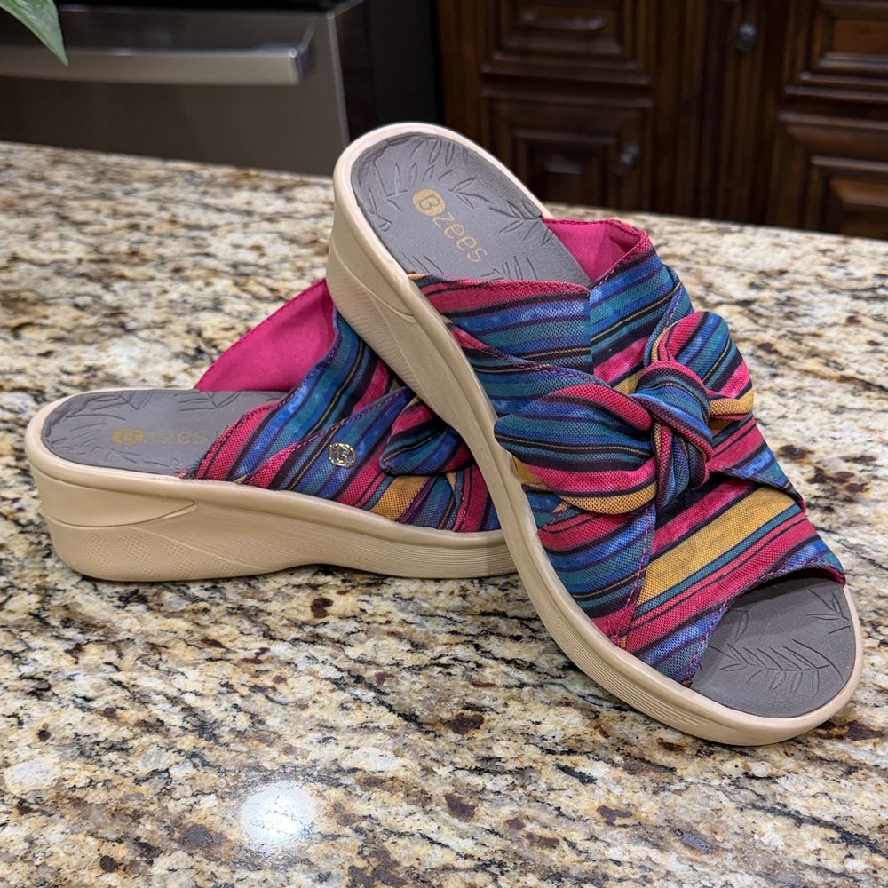 Bzees Multicolor Striped Knot Slide Mules in Pink, Blue & Yellow